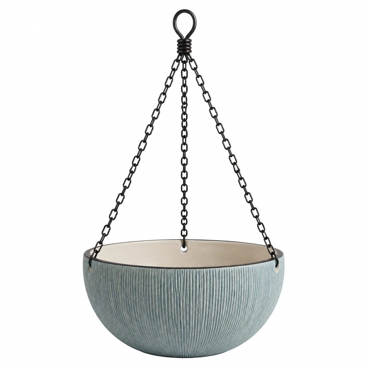 Pot de fleurs suspendu diamètre 30 cm en céramique bleu gris avec chaînes métalliques