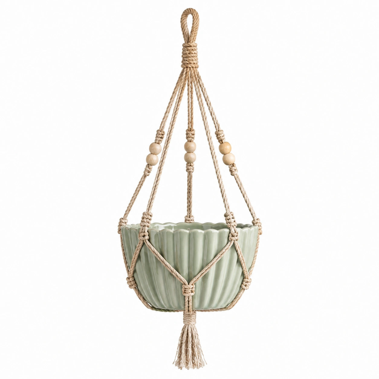 Pot de fleurs suspendu Ø20 cm en céramique vert sauge avec suspension en corde style bohème