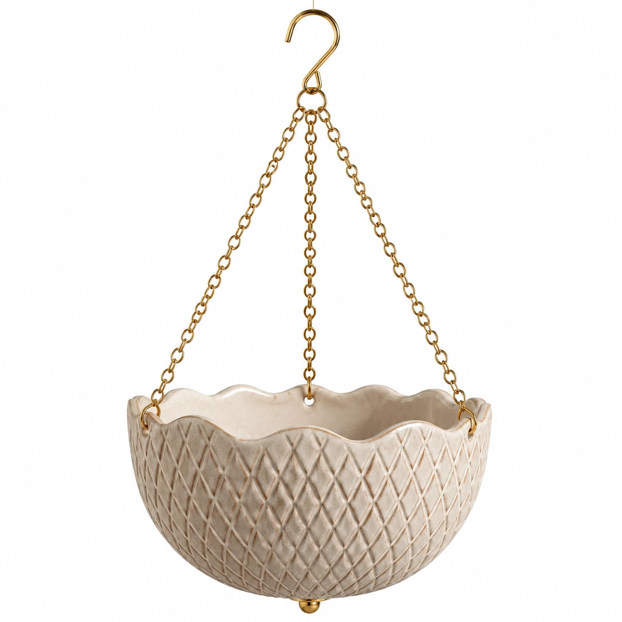 Pot de fleurs suspendu 25 cm en céramique crème avec chaînes dorées pour intérieur style texturé