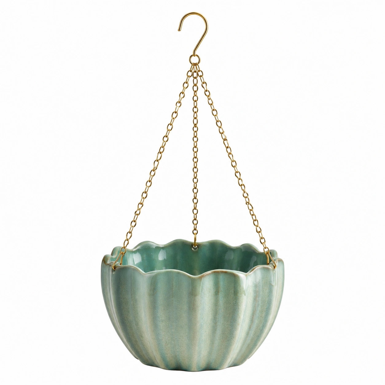 Suspension pour plantes 20 cm en céramique émaillée vert sauge avec chaînes métalliques décoratives