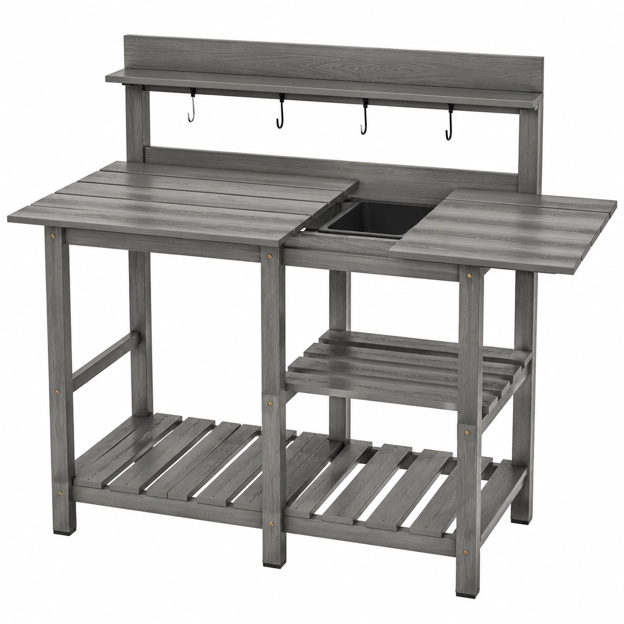 Table de jardinage 150 x 55 x 170 cm en bois gris avec bac et crochets