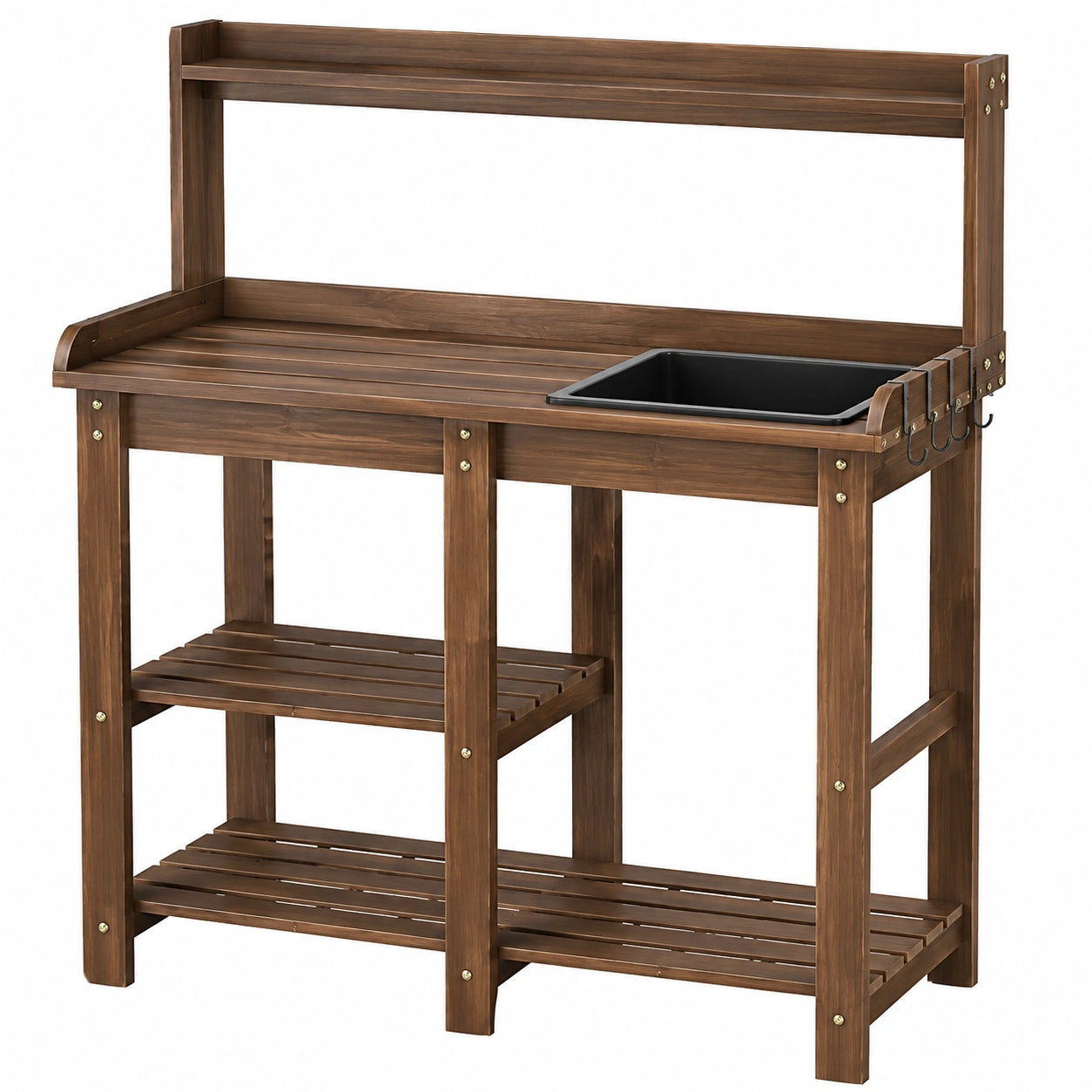 Table de jardinage 117 x 48 x 150 cm en bois brun avec bac amovible et étagères