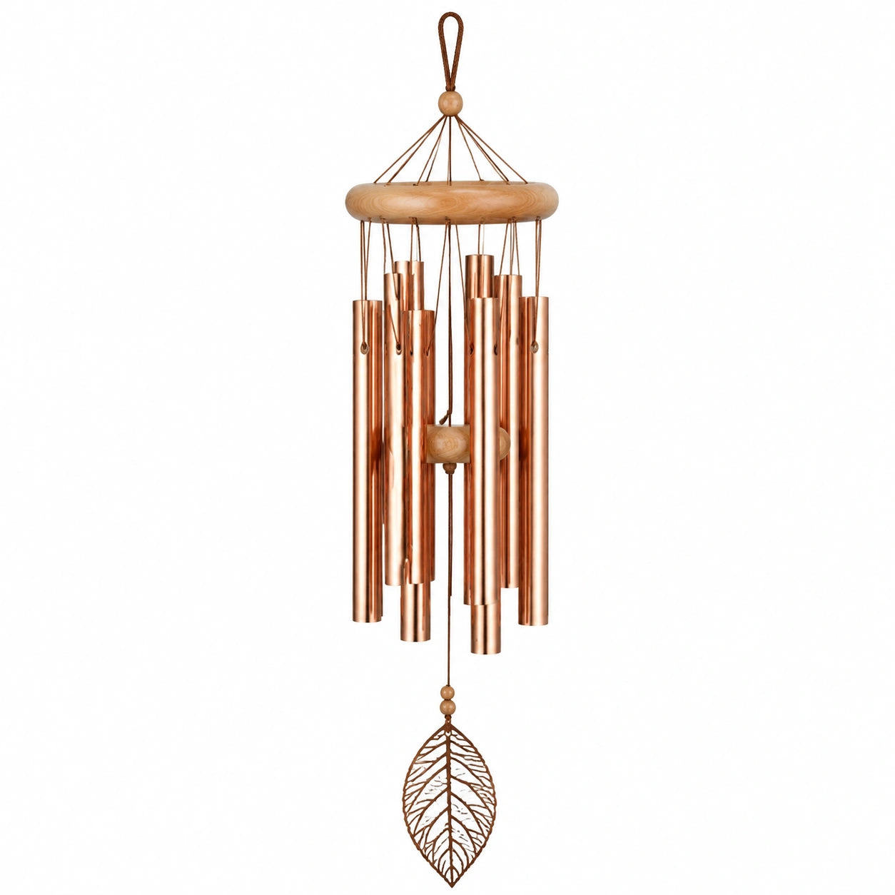 Carillon éolien 85 cm en bois et métal cuivré pour jardin style naturel