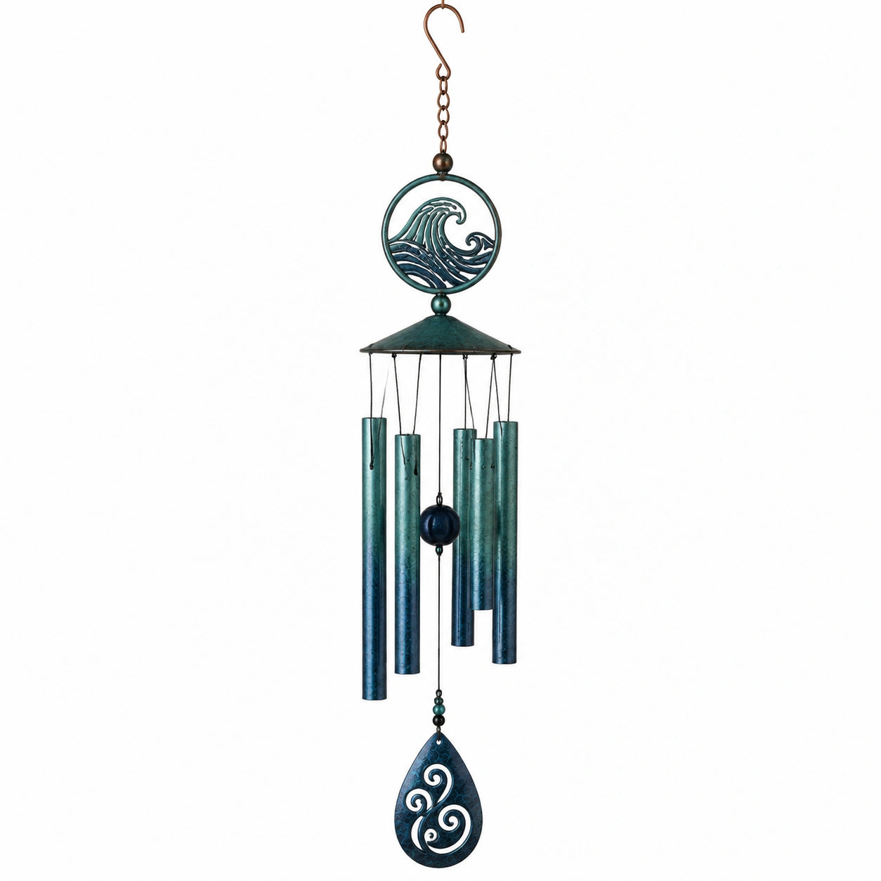 Carillon éolien 85 cm en métal bleu vert décor vague pour jardin
