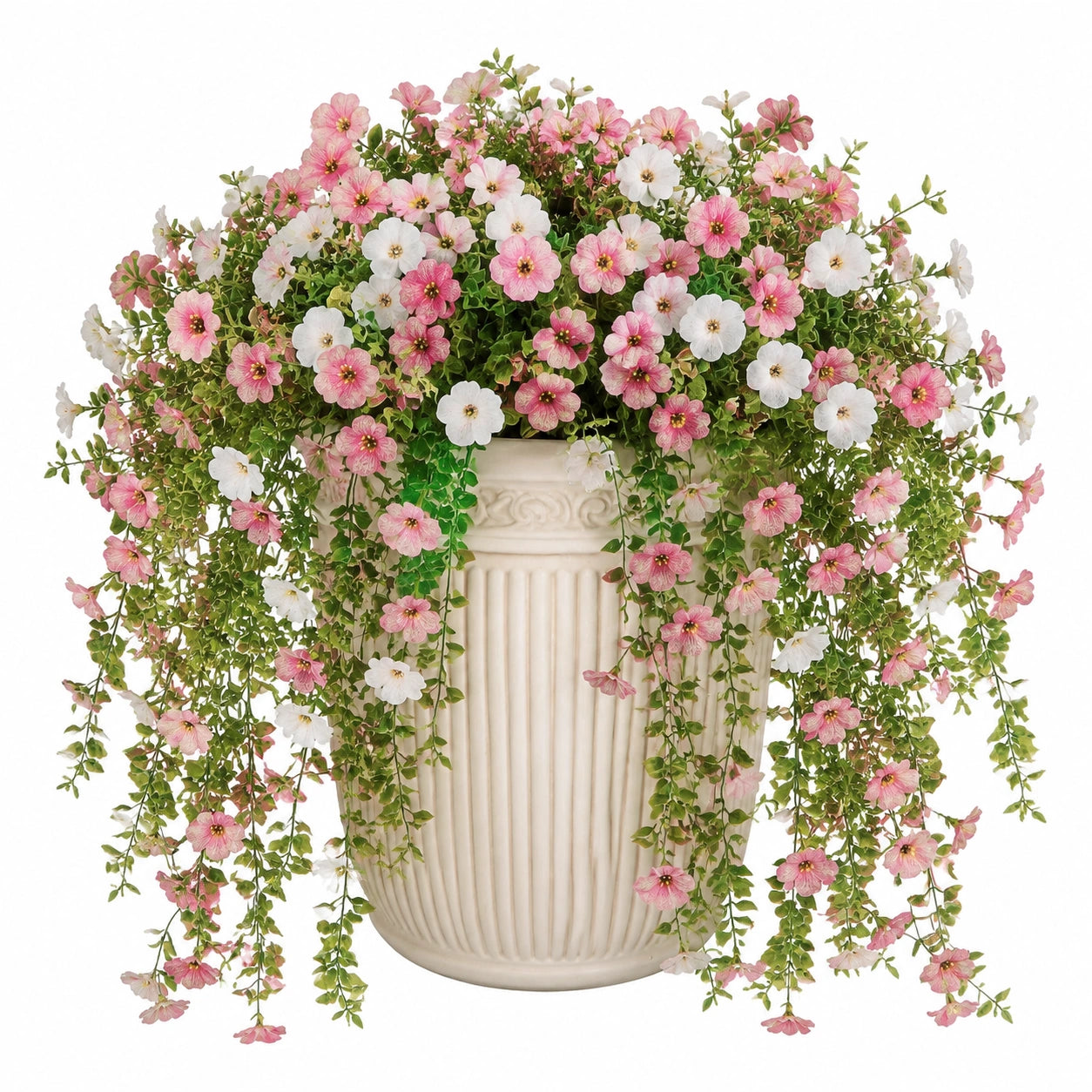 Plante artificielle fleurie en pot 75 cm rose blanc feuillage retombant décoratif
