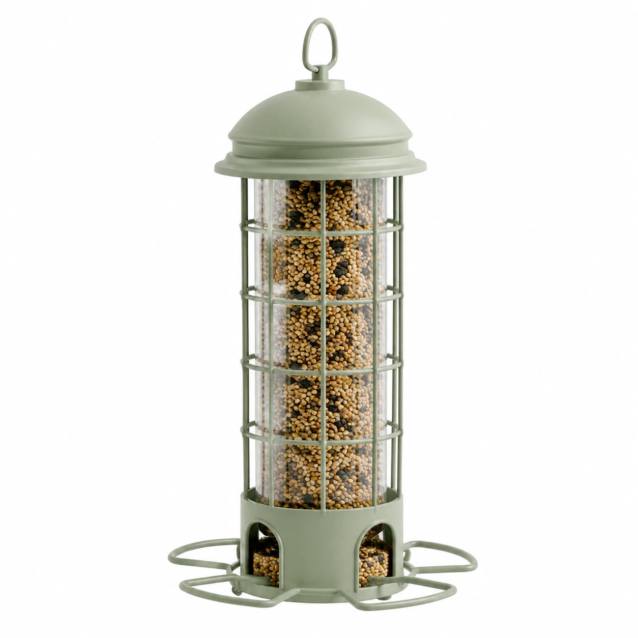 Mangeoire à oiseaux suspendue Ø 18 cm hauteur 32 cm en métal vert avec distributeur de graines