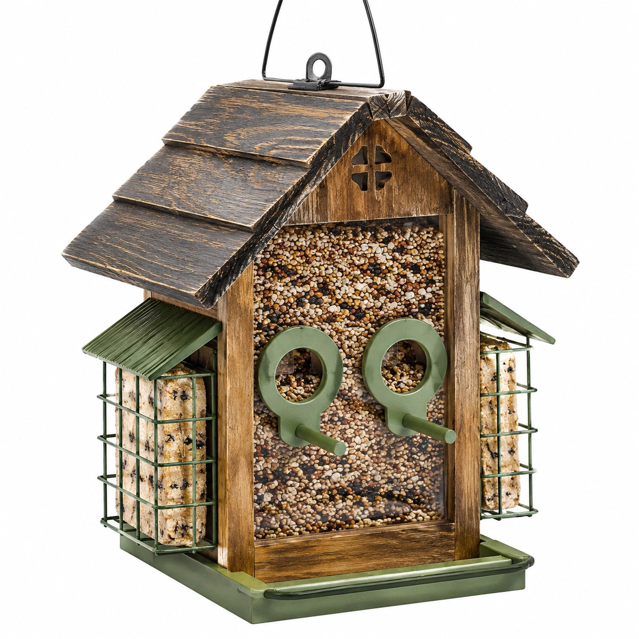 Mangeoire pour oiseaux 31 x 25 x 35 cm en bois marron vert suspendue style chalet