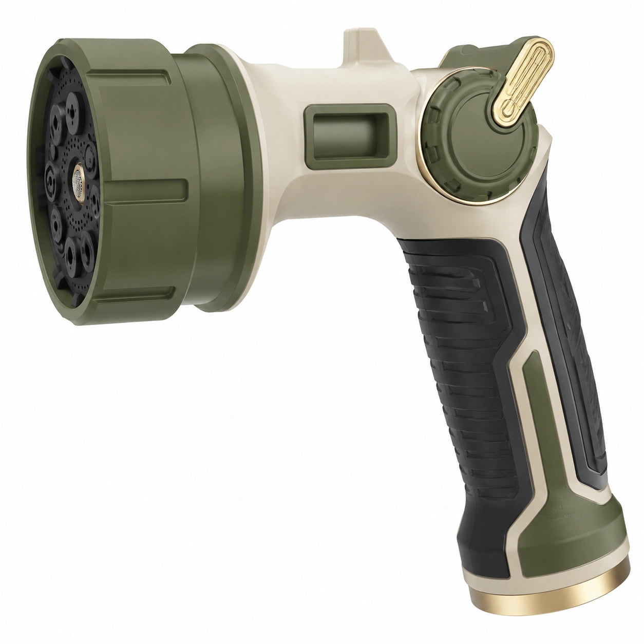 Pistolet d'arrosage format compact en plastique vert beige et noir à jets réglables