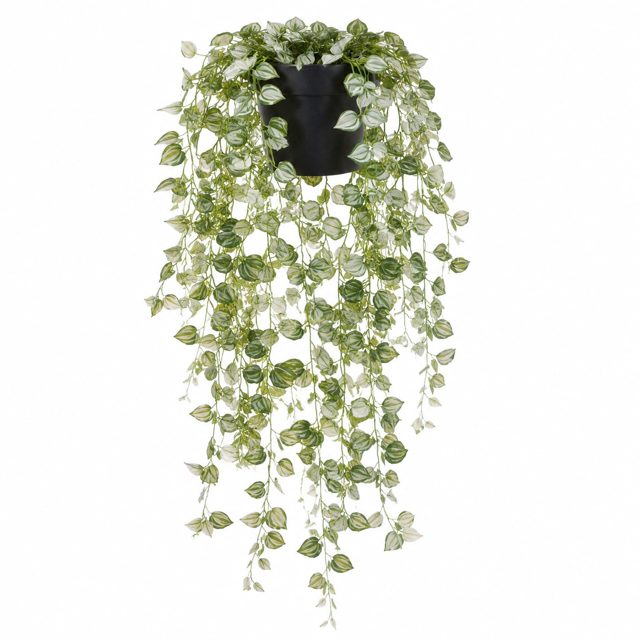 Plante verte artificielle retombante 120 cm en plastique vert blanc avec pot noir décoratif